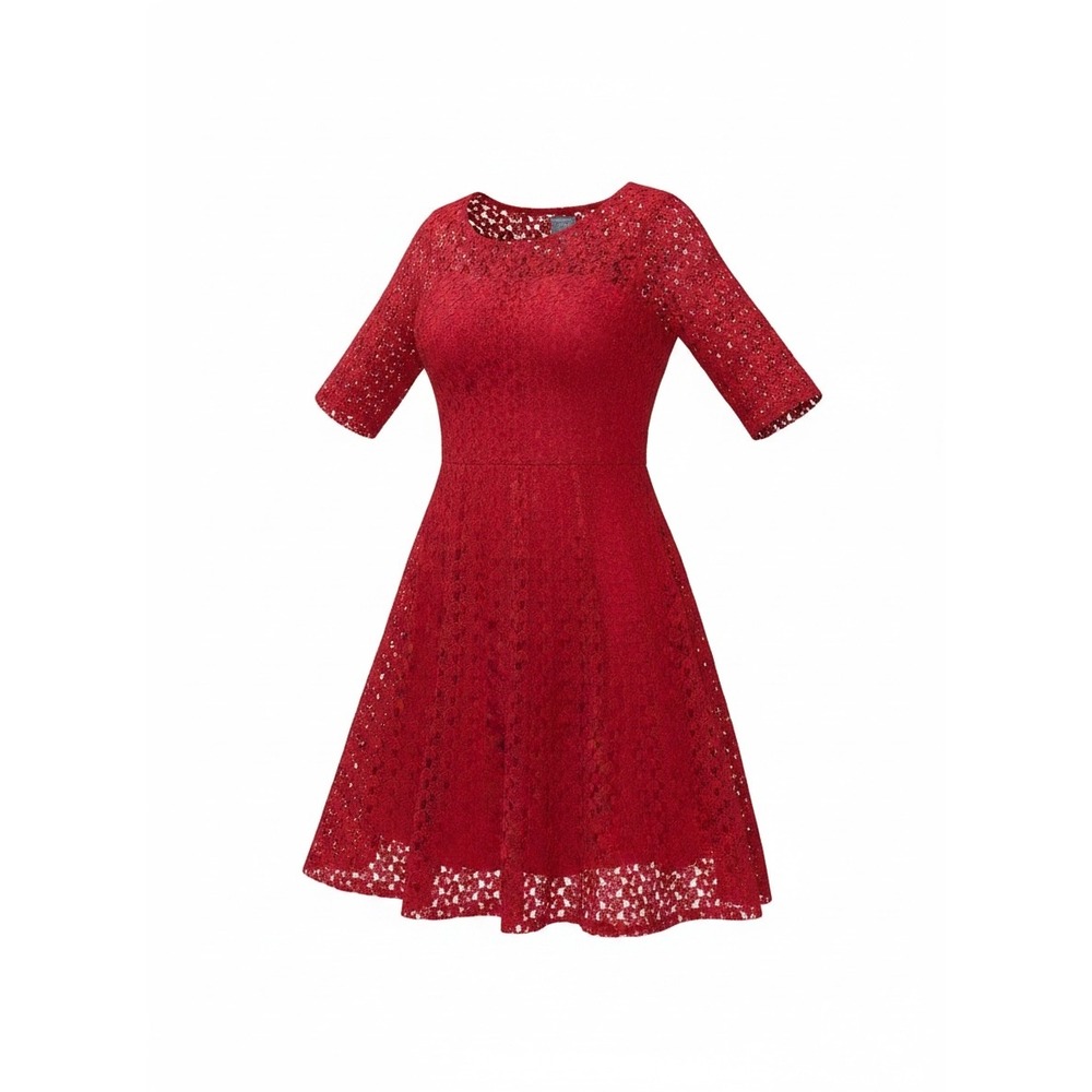 Rabbit Rabbit Rabbit Designs Red Floral Lace Fit Flare Dress Elbow Sleeve Sz 14
